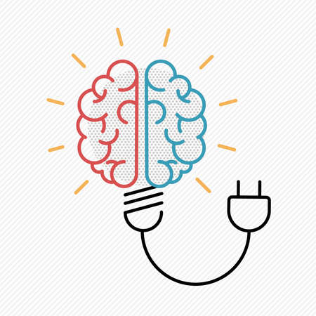 New idea concept illustration in modern outline design with human brain as electric light bulb.のイラスト素材
