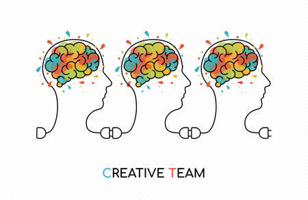 Creative teamwork concept outline style illustration with people team as power wire and colorful art splash human brain.のイラスト素材