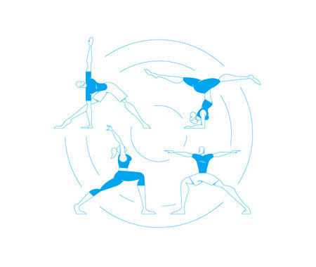 Set of people doing yoga poses workout, women and men exercising in modern flat outline style.のイラスト素材