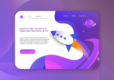Web business start up landing page template. Online marketing layout with spaceship rocket illustration and app download buttonのイラスト素材