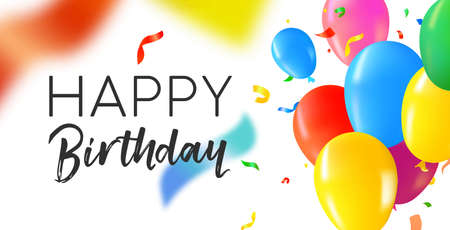 Happy Birthday colorful web banner. Fun design with party balloons, text quote and festive confetti decoration.のイラスト素材