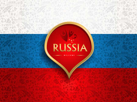 Russia symbol decoration background in country flag colors. Traditional russian culture elements template for 2018 soccer event. Includes football players, tourist landmarks and flowersのイラスト素材