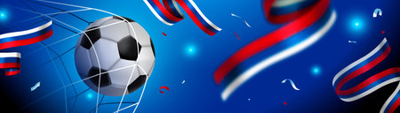 Soccer game championship for a Russia event banner. Russian flag decoration with football ball scoring goal.のイラスト素材