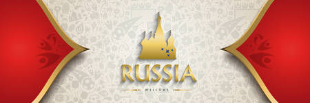 Welcome to Russia symbol texture background with gold decoration. Traditional russian culture banner template for soccer event.のイラスト素材