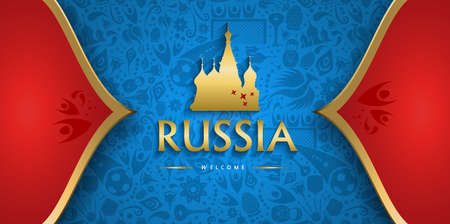 Welcome to Russia traditional background template for special soccer event. Gold color russian decoration with national landmark and culture symbols.のイラスト素材