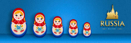 Small russian nesting doll web banner for russia special event. Traditional matrioska woman souvenir with floral dress on blue color background.のイラスト素材