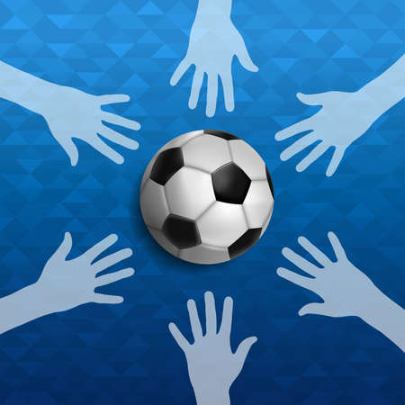 Soccer event illustration, sport game background with people hand and foot ball. United community for sports.のイラスト素材