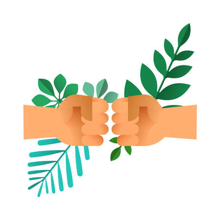 Fist bump hands with green leaves on isolated background. Nature help teamwork concept or environment conservation team illustration.のイラスト素材