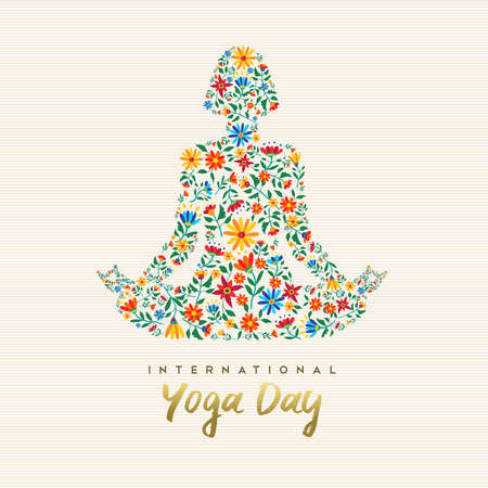 International yoga day design for special event. Girl meditating in lotus pose made of flower decoration, relaxation exercise illustration.のイラスト素材