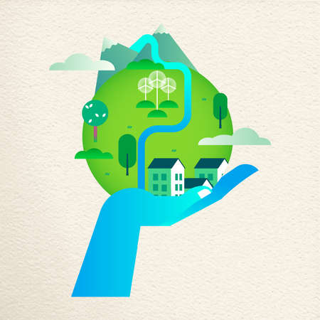 Human hand holding green planet earth. Environment care concept for nature help. Sustainable community with wind mill turbine and smart houses.のイラスト素材