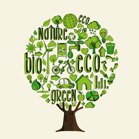 Tree made of eco friendly icons and symbols, think green concept. Environment help illustration for...