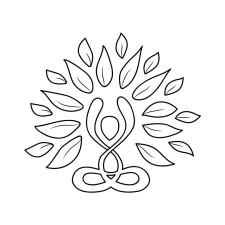 Abstract yoga concept illustration in outline style, person doing lotus pose meditation with green leaves for nature connection. vector.のイラスト素材