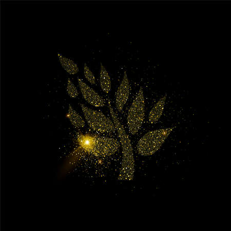 Tree symbol concept illustration, gold nature icon made of realistic golden glitter dust on black background. vector.のイラスト素材