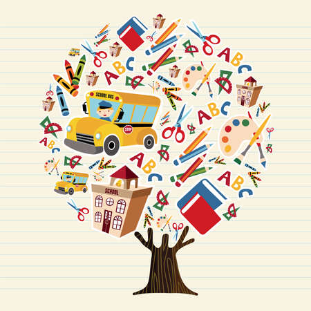Tree made of kids class icons, children education concept. Educational illustration for back to school with bus, crayons and supplies. vector.のイラスト素材