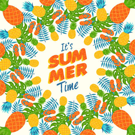 Happy summer greeting card design with tropical pineapple fruit and typography quote. vector.のイラスト素材