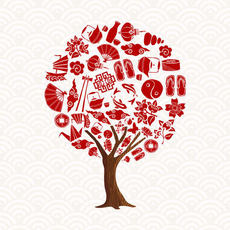 Asian culture tree concept illustration. Traditional chinese icon set with lotus flower, koi fish, ying yang symbol in red color. vector.のイラスト素材