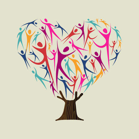 Heart shape tree made of colorful people silhouettes. Community help concept, diverse culture group or social project. vector.のイラスト素材