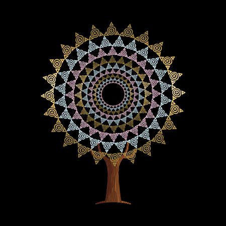 Tree with boho style mandala art in gold color, indian inspired illustration. Abstract handmade tribal decoration.  vector.のイラスト素材