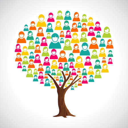 Tree made of diverse people silhouettes. Concept illustration for community help, teamwork project or culture diversity. vector.のイラスト素材
