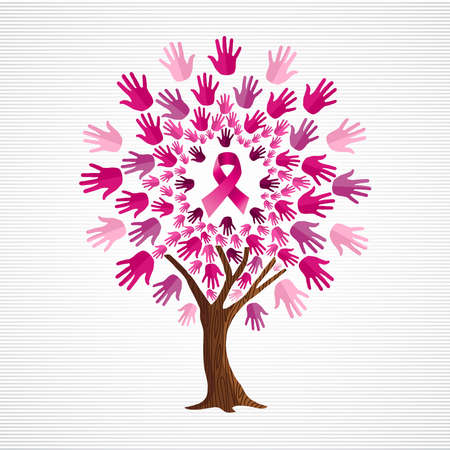Breast cancer awareness month concept illustration for support. Tree made of pink campaign ribbons and human hands. vector.のイラスト素材