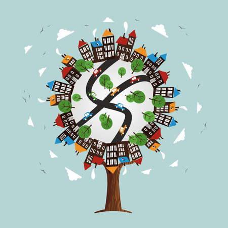 Tree with city landscape world. Illustration concept includes cars, residential houses, street and trees. vector.のイラスト素材