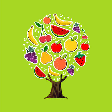 Summer fruit tree made of tropical food, fun summertime vacation concept. Includes watermelon, apple, orange and banana.  vector.のイラスト素材