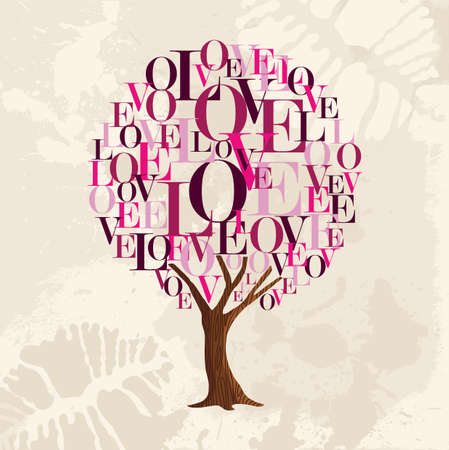 Love tree made with pink color typography on vintage texture background of lipstick kiss. Concept illustration for valentines day or romantic greeting card. vector.のイラスト素材