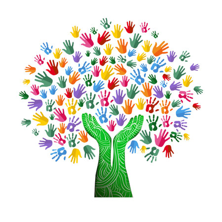 Tree with colorful human hands together in paper cut out style. Community team concept illustration for culture diversity, nature care or teamwork project. vector.のイラスト素材