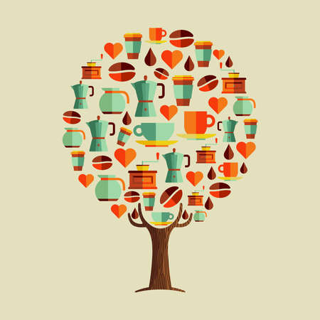 Tree made of coffee restaurant icon set. Illustration concept for cafe with cup, love symbol and drink equipment. vector.のイラスト素材