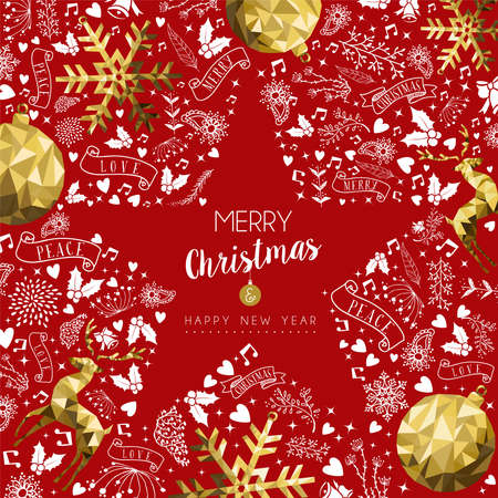 Merry Christmas greeting card with new year text quote and gold luxury decoration in low poly style. Includes deer, xmas bauble ball, snowflake. vector.のイラスト素材