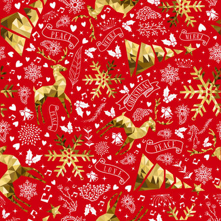 Seamless pattern illustration design for Christmas. Gold holiday ornament icons, low poly and hand drawn symbols on red background. vector.のイラスト素材