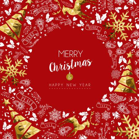 Merry Christmas greeting card with new year text quote and gold luxury decoration in low poly style. Includes deer, xmas pine tree, snowflake. vector.のイラスト素材