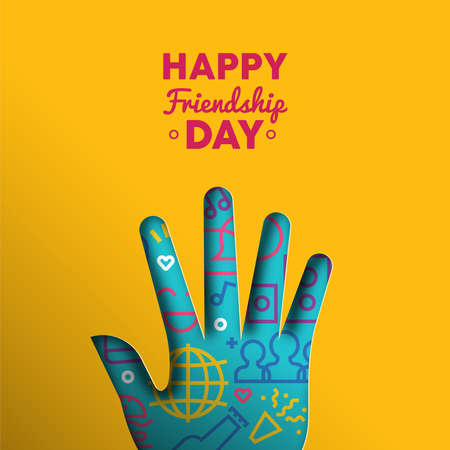 Happy Friendship Day greeting card illustration. Paper cut hand shape with colorful outline style social party icons.のイラスト素材