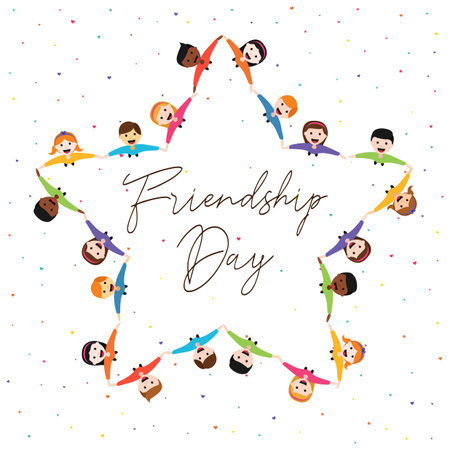 Happy Friendship Day greeting card illustration of diverse kid group in star shape holding hands from top view angle. Friend love concept for special event celebration. EPS10 vector.のイラスト素材