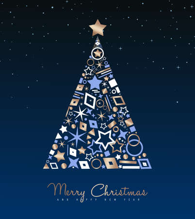 Merry Christmas and New Year luxury greeting card illustration. Xmas pine tree made of elegant copper icons on night sky background. EPS10 vector.のイラスト素材