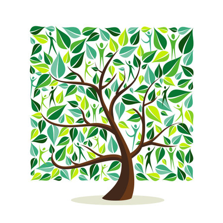 Tree made of green leaves with people in square shape. Nature concept, community help or care campaign. EPS10 vector.のイラスト素材