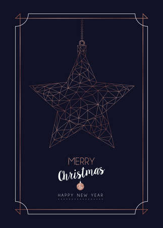 Merry Christmas and Happy New Year greeting card with luxury star ornament in abstract geometric line style, copper color holiday poster illustration. EPS10 vector.のイラスト素材