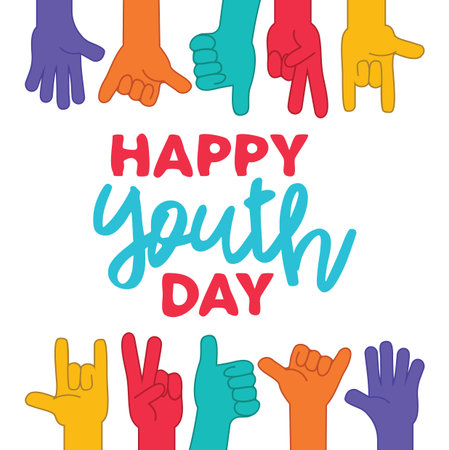 Happy Youth Day greeting card illustration, diverse group hands in colorful hand drawn style. Young people team with typography quote.  EPS10 vector.のイラスト素材