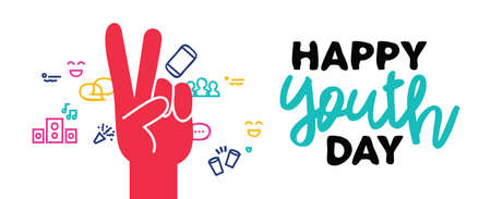 Happy Youth Day web banner illustration, teen hand doing peace sign with fun handdrawn icons. EPS10 vector.のイラスト素材