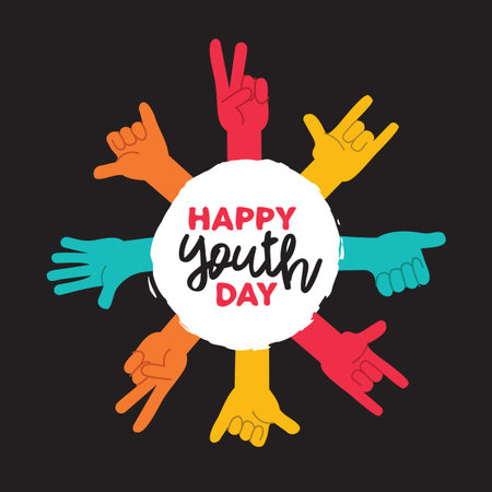 Happy Youth Day greeting card illustration, diverse group hands in colorful hand drawn style. Young people team with typography quote.のイラスト素材