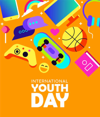 International Youth Day greeting card with colorful modern teen leisure activity decoration. Includes social network technology, gaming controller, sports ball and more. EPS10 vector.のイラスト素材