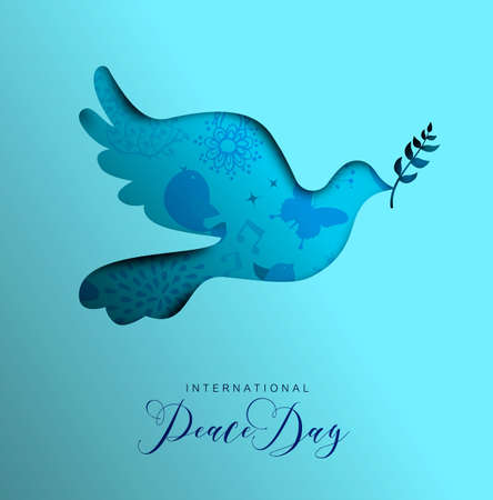 International Peace Day holiday illustration. Paper cut dove bird shape silhouette cutout with nature doodle decoration. EPS10 vector.のイラスト素材