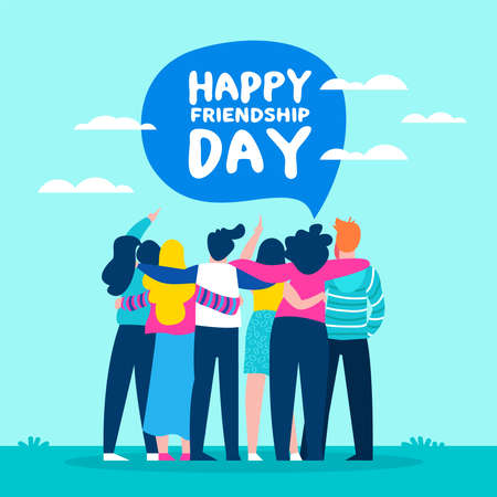 Happy friendship day illustration with diverse friend group of people hugging together for special event celebration. EPS10 vector.