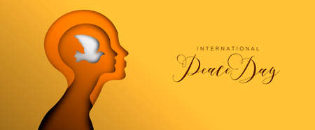 International peace Day social media web banner in paper cut style, peaceful mind concept for world unity and teamwork. Human head with dove bird cutout illustration. EPS10 vector.のイラスト素材