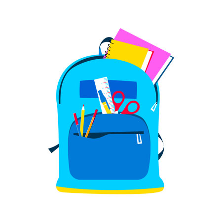 Kid backpack isolated illustration. Student bag with art supplies, pencil, scissors, ruler and note...