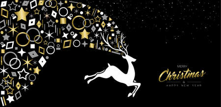 Merry Christmas and Happy New Year luxury greeting card illustration. Gold holiday icon decoration with jumping reindeer on night sky background. EPS10 vector.のイラスト素材