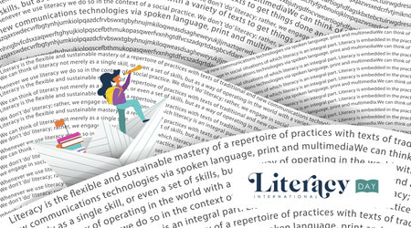 International Literacy Day banner illustration, girl sailing paper boat in sea of words. Education...