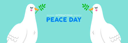 International Peace Day social media web banner illustration of two white dove birds with olive branch. Nonviolence World celebration pigeon symbol in hand drawn style. EPS10 vector.のイラスト素材