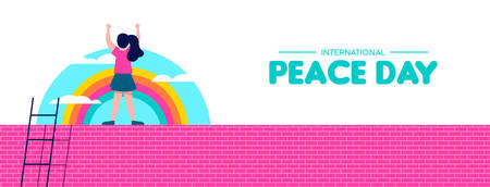 International Peace day web banner illustration, world children freedom concept. Free girl celebrating on rainbow sky background. EPS10 vector.のイラスト素材