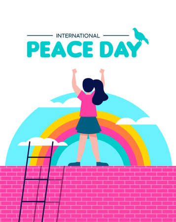 International Peace day illustration, world children freedom concept. Free girl celebrating on rainbow sky background. EPS10 vector.のイラスト素材
